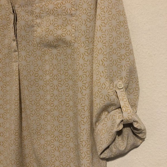 Bass Yellow Print Blouse Adjustable Long Sleeves Notched V Neck  Large 70s Style - Picture 5 of 16